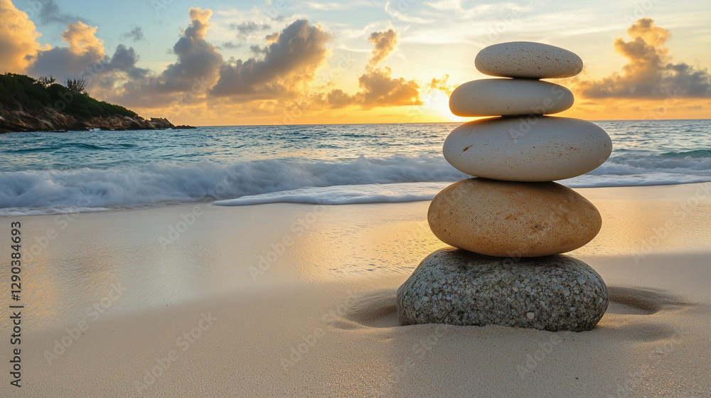Balanced Stone Stack on a Serene Beach at Sunset Balanced Stone Stack on a Serene Beach at Sunset
