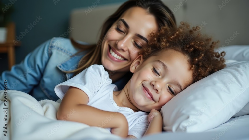 Sleep coach. Woman is smiling while she is cuddling with her child Sleep coach. Woman is smiling while she is cuddling with her child