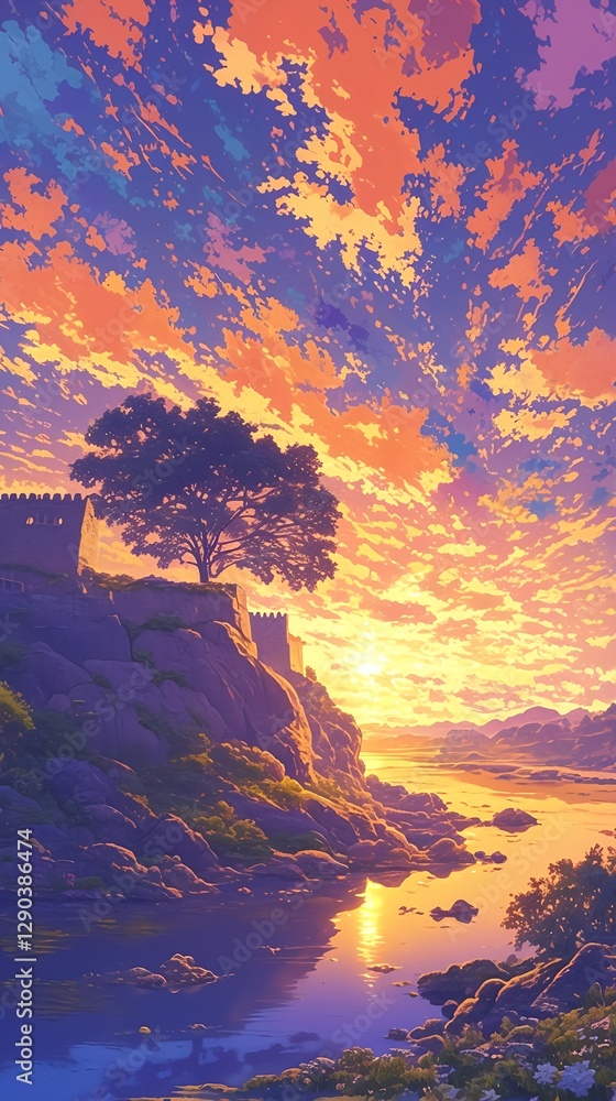 Fototapeta premium The golden glow of the ancient walls in anime style and the sunrise over the fortress reflected in the calm sea