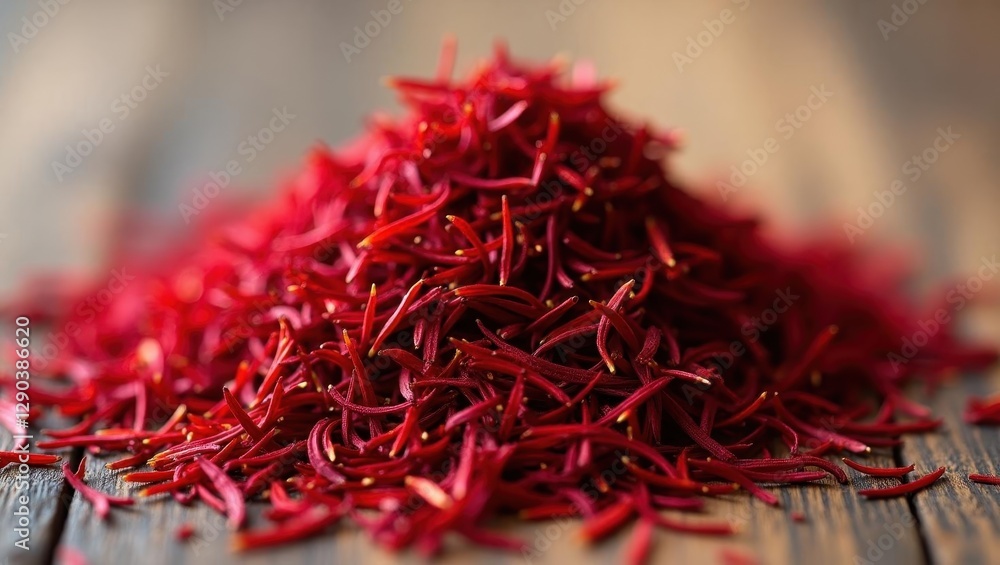 Fototapeta premium Saffron supplement. Close-up of vibrant red saffron threads heaped on rustic wooden table, perfect for culinary, health, spice market, or natural remedy themes, with warm earthy tones and selective f