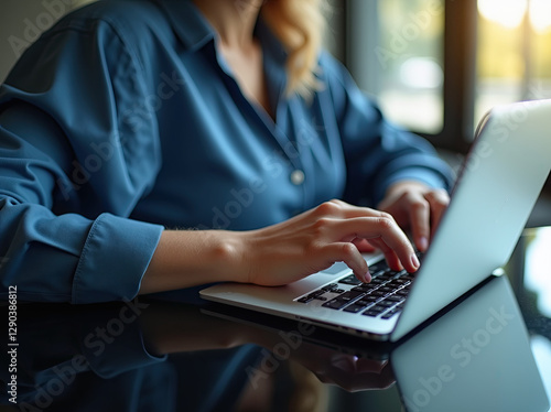 In the photograph, the figure wears a blue shirt and sits in front of a black reflective surface, his hands typing skillfully on a silver laptop. Fingers dance across the keyboard, demonstrating effic
