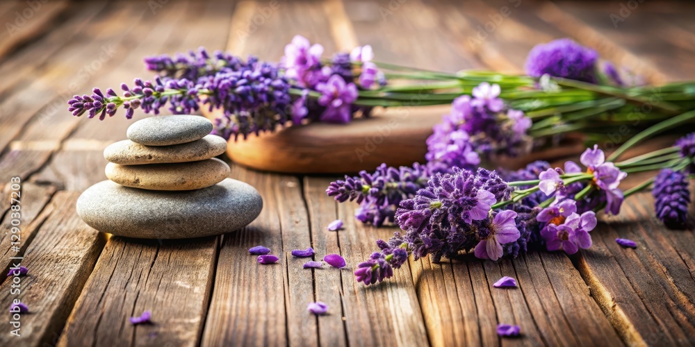Aromatic lavender flowers and warm spa stones on a wooden table, creating a serene ambiance for relaxation , relaxation, spa Aromatic lavender flowers and warm spa stones on a wooden table, creating a serene ambiance for relaxation , relaxation, spa
