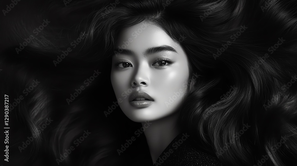 Naklejka premium Asian Hair Model for Advertising Hair Care. A captivating portrait in black and white.