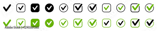 Black and green check mark icon. Check mark vector icon. Checkmark Illustration. Vector symbols set, black and green checkmark isolated on white background. Correct vote choise isolated symbol.