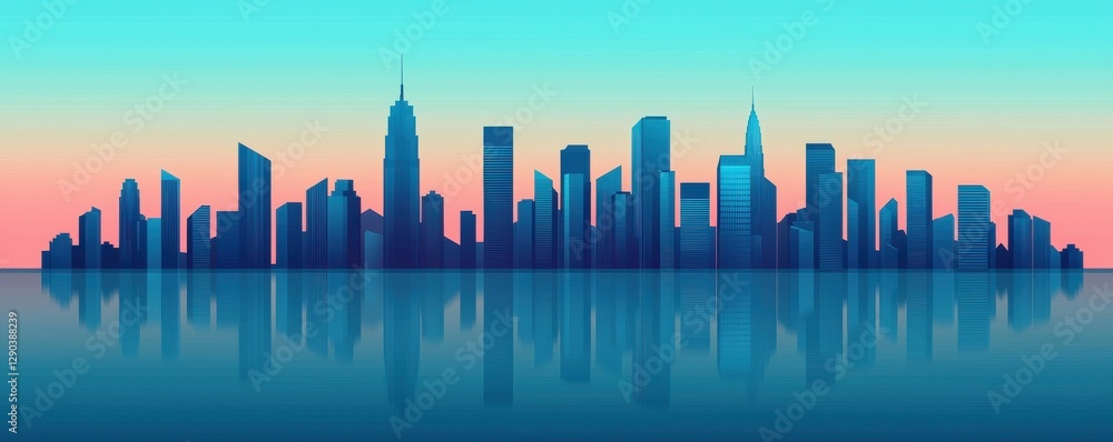 A vibrant skyline silhouette reflecting on serene waters during sunset. A vibrant skyline silhouette reflecting on serene waters during sunset.