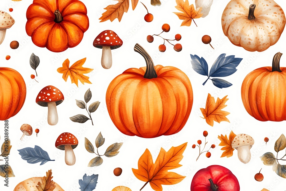 Autumn Pumpkins, Mushrooms, Leaves Pattern Autumn Pumpkins, Mushrooms, Leaves Pattern