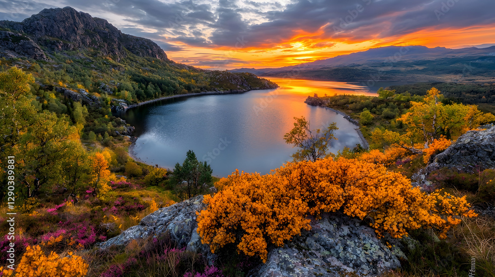 Obraz premium Autumn sunset over mountain lake, colorful foliage