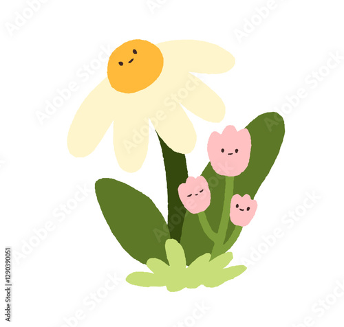 Cute fairytale flowers. Fantasy nature, fiction floral character growing in spring field. Adorable chamomile with face, petals. Kids childish flat vector illustration isolated on white background