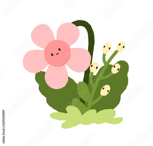 Cute flower character with happy smiling face, floral head. Fairytale nature, fiction plant. Spring fairy tale daisy. Whimsical fantasy, kids flat vector illustration isolated on white background