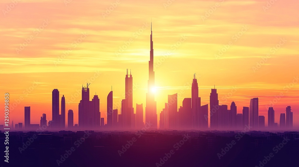 Dubai Skyline Sunset Silhouette Dubai Skyline Sunset Silhouette