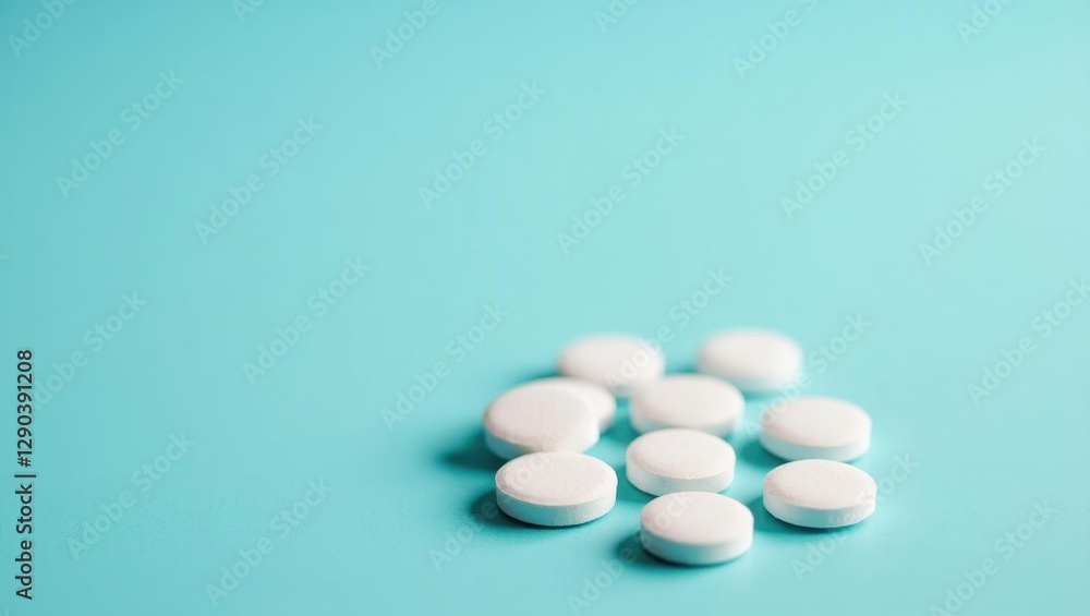 Toothpaste tablets. Pills are white and white on blue background Toothpaste tablets. Pills are white and white on blue background