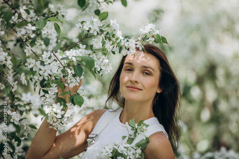 An adult young beautiful female model on the background of blooming apple trees in the garden An adult young beautiful female model on the background of blooming apple trees in the garden