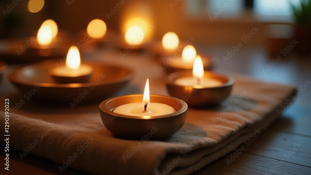 Frequency healing. Candles are lit on table in dark Frequency healing. Candles are lit on table in dark