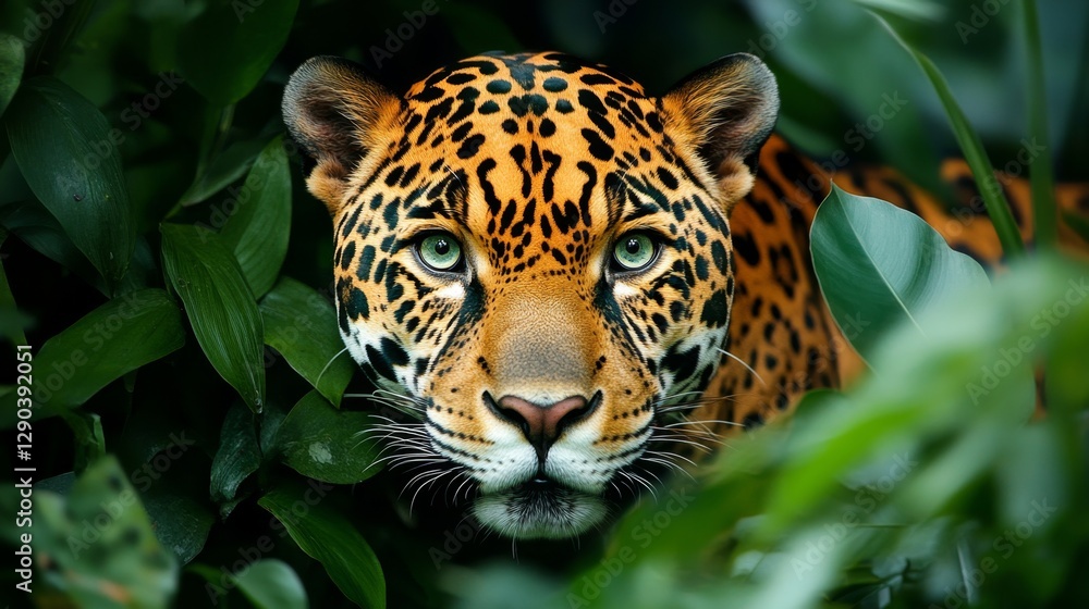 Obraz premium Majestic Jaguar with Emerald Eyes in Dense Tropical Jungle