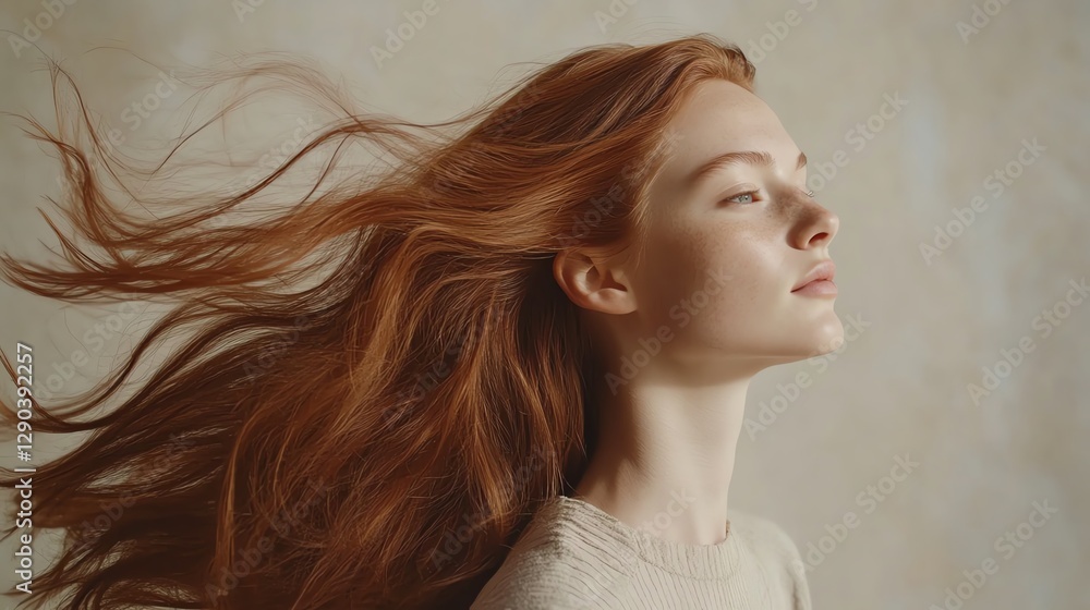 Fototapeta premium Asian Hair Model for Advertising Hair Care. Beautiful woman with flowing red hair in breeze.