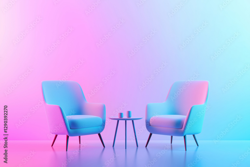 Modern Vibrant Chairs and Table in Pink and Blue Gradient Background Modern Vibrant Chairs and Table in Pink and Blue Gradient Background