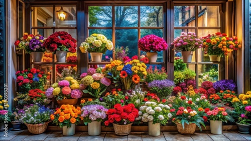 Wallpaper Mural A majestic window display showcases vibrant blooms of colorful flowers, adding a pop of color to the room's ambiance , spring decor, window display Torontodigital.ca
