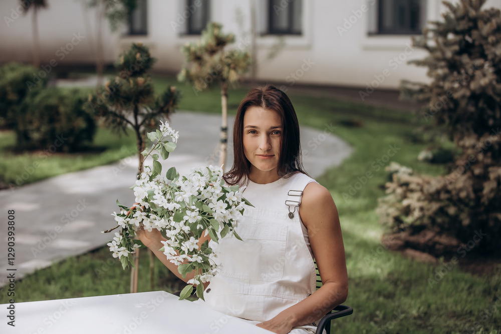 An adult young beautiful female model walks around the city with a bouquet of blooming apple trees An adult young beautiful female model walks around the city with a bouquet of blooming apple trees