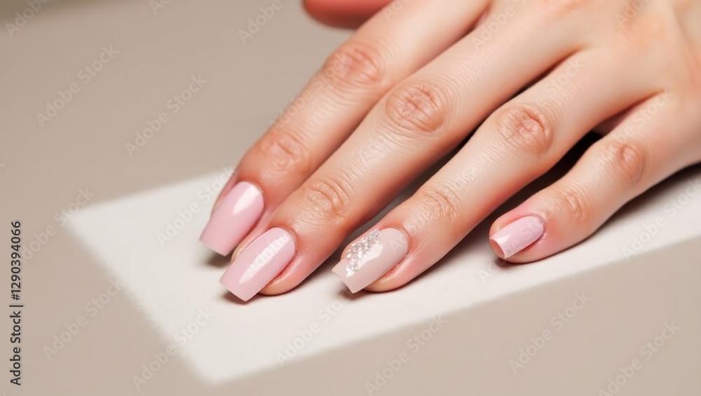 Press on nails. Woman is holding piece of paper with pink manicure Press on nails. Woman is holding piece of paper with pink manicure