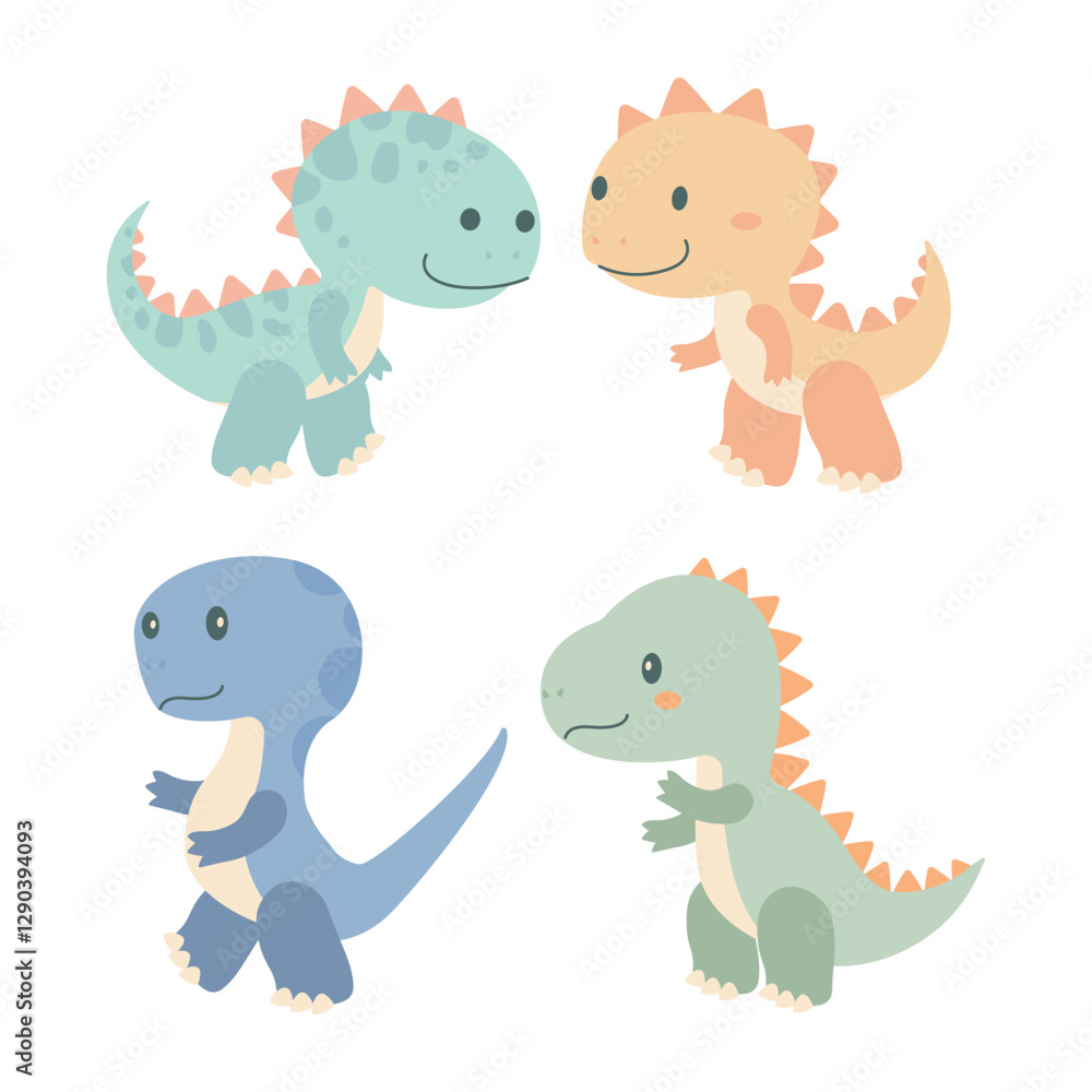 Set of Happy Funny Dino Dinosaur Animal Cartoon Character in Forest Set of Happy Funny Dino Dinosaur Animal Cartoon Character in Forest