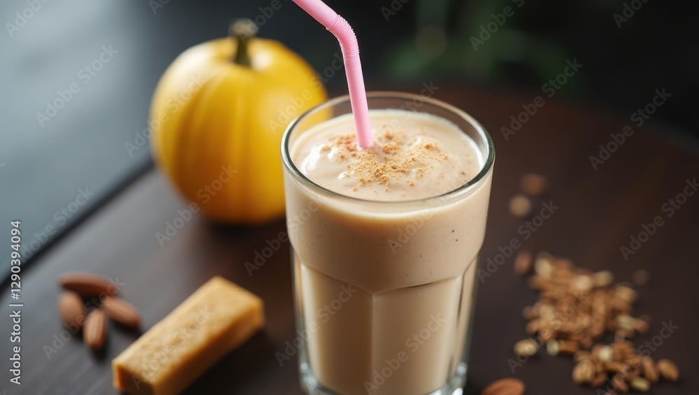 Protein shake. Drink is in tall glass with straw and pink straw Protein shake. Drink is in tall glass with straw and pink straw