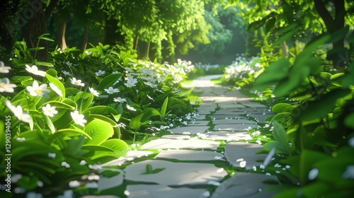 Tranquil Mountain Trail Surrounded by Lush Foliage and Colorful Blooms