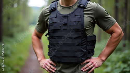 Rucking vest. Man is wearing vest and standing in woods