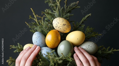 Easter Egg Arrangement with Evergreen Branches