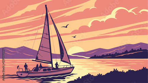 sailing boat with people on calm water during suns