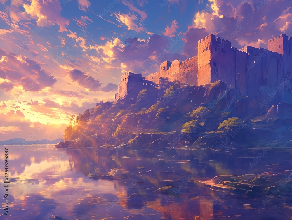 The golden glow of the ancient walls in anime style and the sunrise over the fortress reflected in the calm sea The golden glow of the ancient walls in anime style and the sunrise over the fortress reflected in the calm sea
