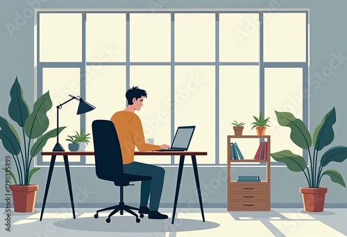 Studio Worker: A Clean and Simple Vector Illustration in Stock Style, Showcasing a Worker in a Modern Studio with Large Windows, Close-Up Shot, Great for Business and Creative Content.

