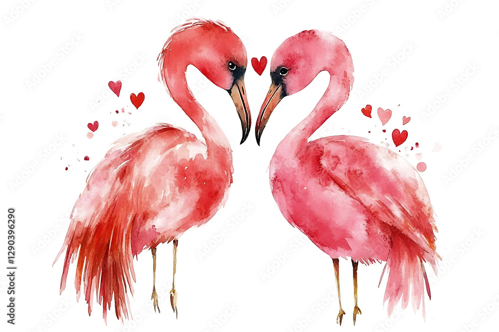 Obraz premium Two pink flamingos facing each other with hearts, symbolizing love and affection.