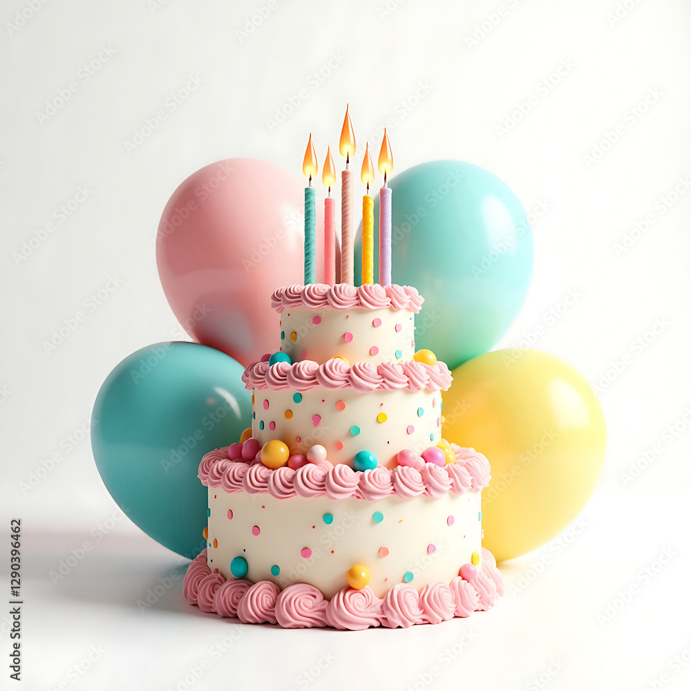 3D Happy birthday cake with candles and balloons 3D Happy birthday cake with candles and balloons