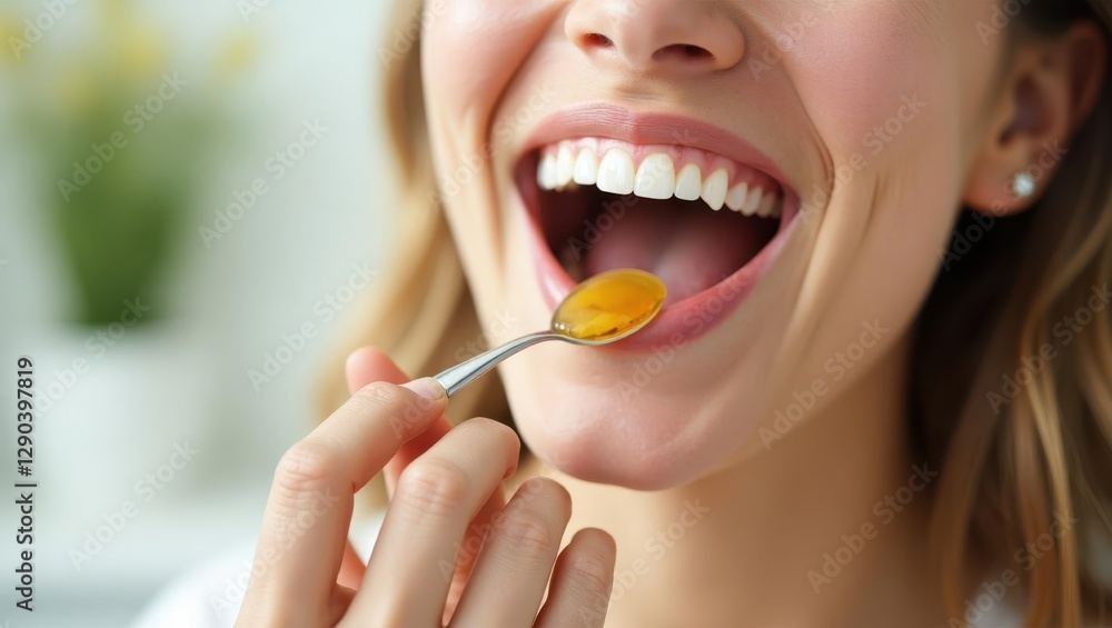 Oil pulling. Woman is eating spoon of food with spoon in her mouth Oil pulling. Woman is eating spoon of food with spoon in her mouth