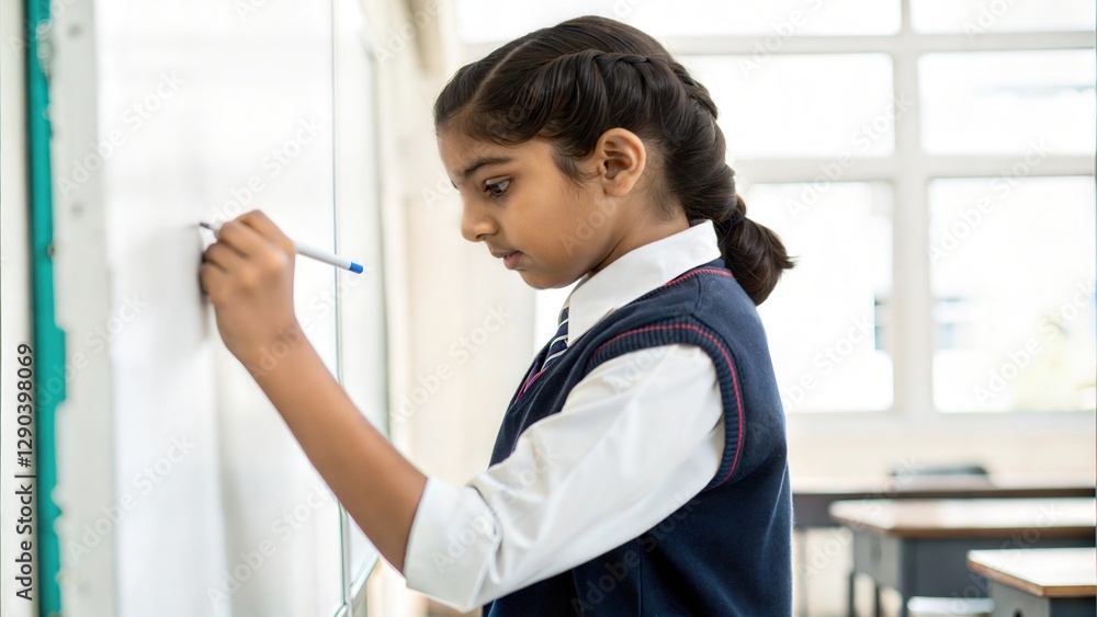 Indian Student Writing on Whiteboard in Classroom
Indian Student Writing on Whiteboard in Classroom