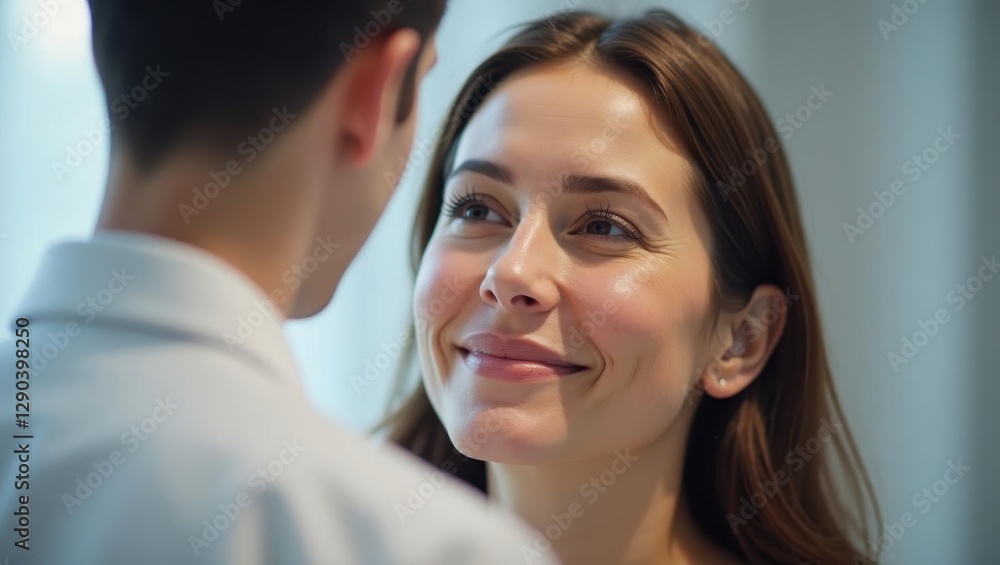 Rhytidectomy. Woman is smiling and looking at man in white shirt Rhytidectomy. Woman is smiling and looking at man in white shirt