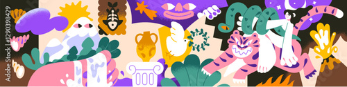 Colourful kids mural. Funny banner with abstract characters from dream, imagination. Design of fantasy wall art, whimsical background for nursery. Crazy childish backdrop. Flat vector illustration