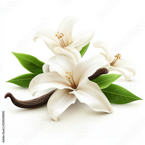 vanilla flower with pods and leaves,isolated white background