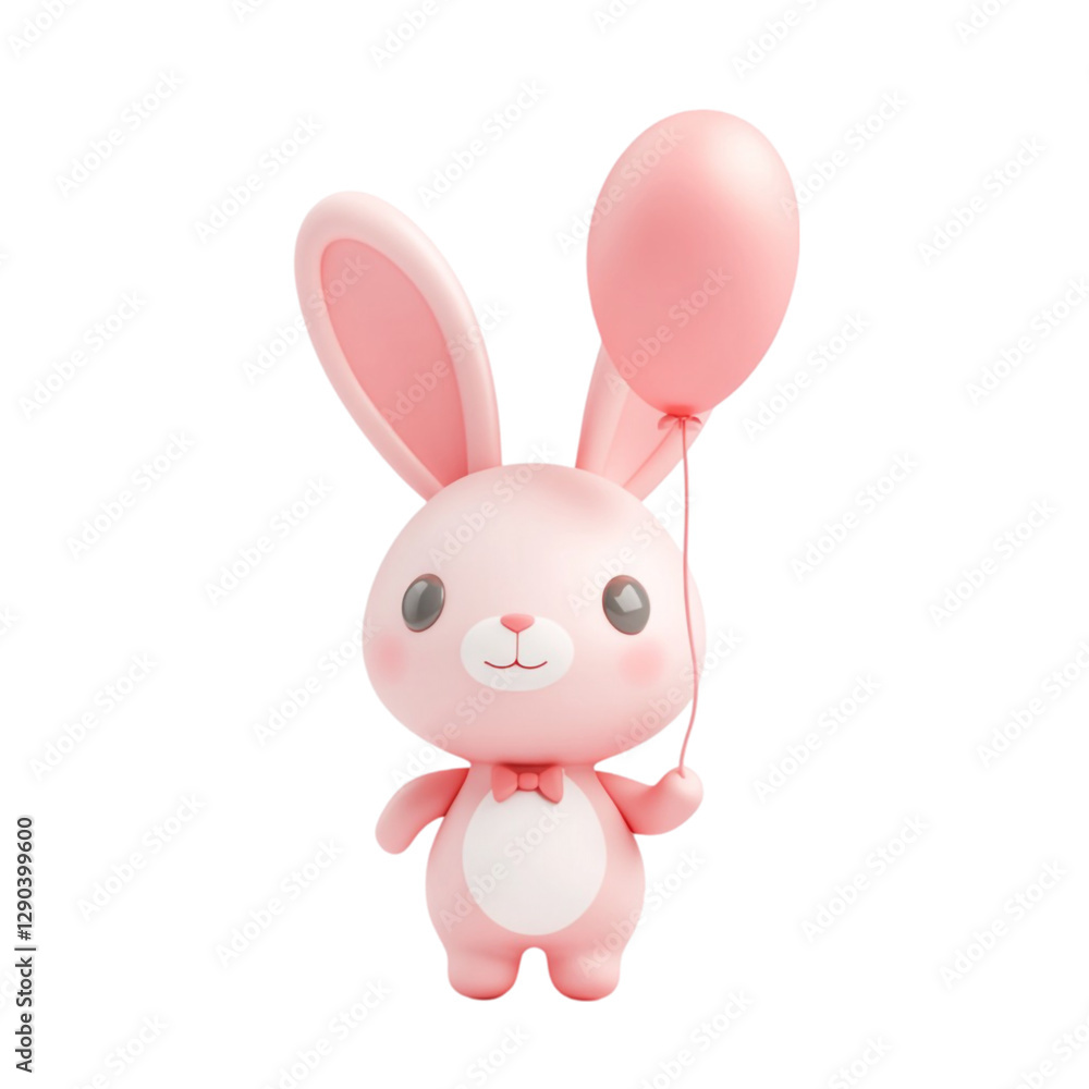 Obraz premium Cute Pink Bunny Holding Balloon Happy Easter