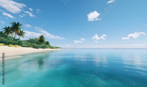 tropical island. With calm blue waters and little to no clouds in the bright blue sky, Generative AI photo