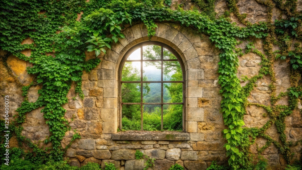 Ancient stone wall with large, arched window and overgrown vegetation , stone wall Ancient stone wall with large, arched window and overgrown vegetation , stone wall