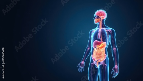 Gut brain axis. Human body is shown with highlighted organ and highlighted stomach