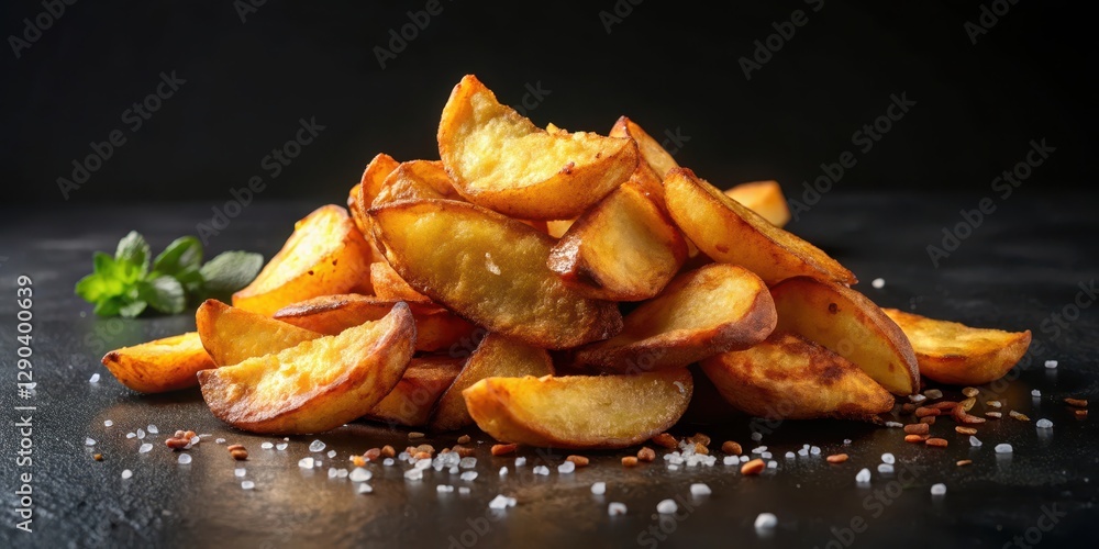 Crispy fried potatoes on black background with scattered few pieces in different angles and slightly overlapping each other, crunchy, snack Crispy fried potatoes on black background with scattered few pieces in different angles and slightly overlapping each other, crunchy, snack