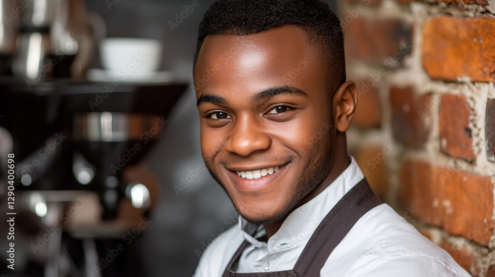 Fototapeta premium Young Black Barista Smiling While Preparing Fresh Coffee in a Cozy Café Setting