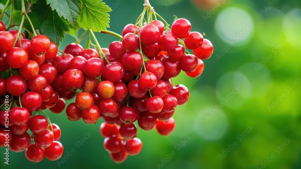 A lush cluster of plump, juicy red berries hanging from a green stem, with some berries slightly overripe and others still firm and tight, berries, summer harvest A lush cluster of plump, juicy red berries hanging from a green stem, with some berries slightly overripe and others still firm and tight, berries, summer harvest