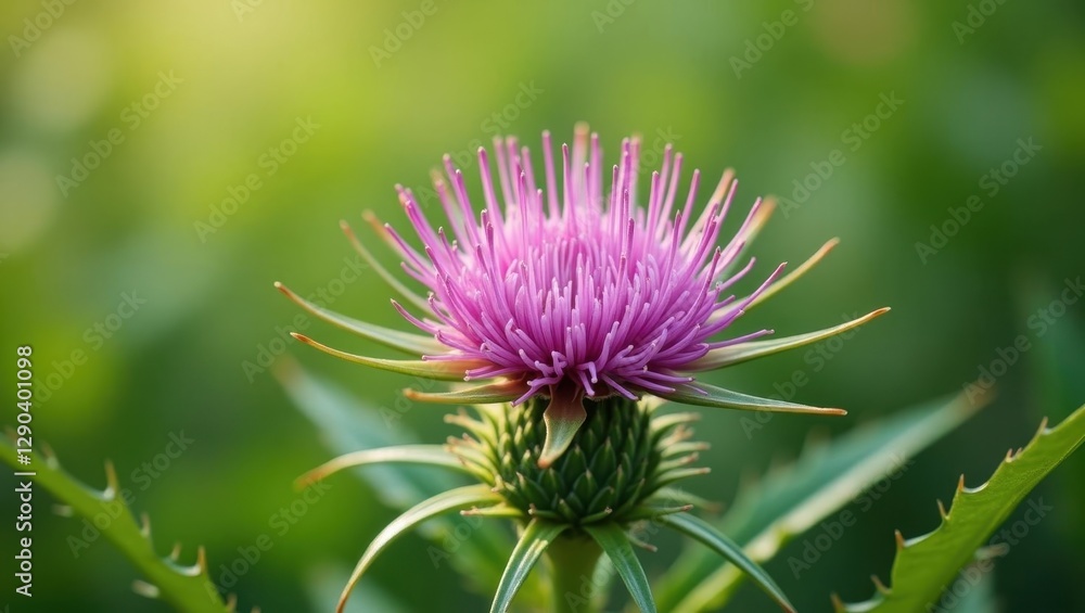 Milk Thistle. Flower is purple and green with green background Milk Thistle. Flower is purple and green with green background