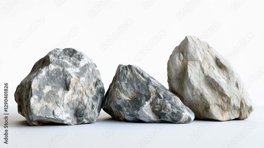 Naklejka premium Three rugged and textured rocks with a natural pattern on white background