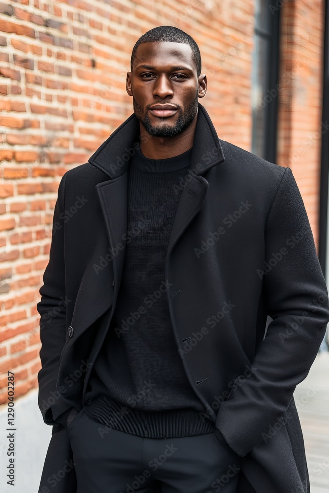 Confident Man in Black Coat Posing Against a Brick Wall, Urban Fashion and Style Inspiration Confident Man in Black Coat Posing Against a Brick Wall, Urban Fashion and Style Inspiration