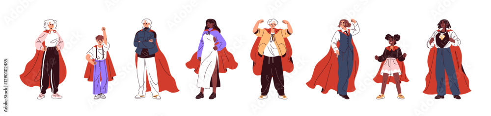 Diverse people are superheroes set. Men, women and kids are wearing red cloak, stand with hand up. Brave characters with cape are super heroes. Flat isolated vector illustrations on white background Diverse people are superheroes set. Men, women and kids are wearing red cloak, stand with hand up. Brave characters with cape are super heroes. Flat isolated vector illustrations on white background