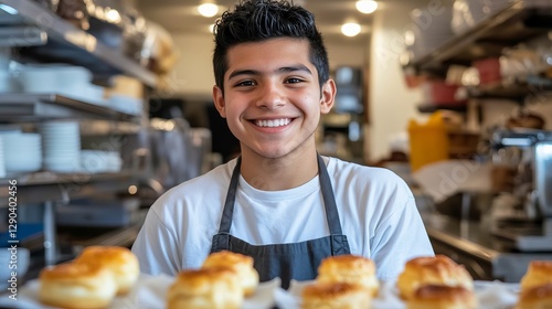 Friendly Hispanic Teen Helping Customers in a Bakery Setting with Freshly Baked Pastries